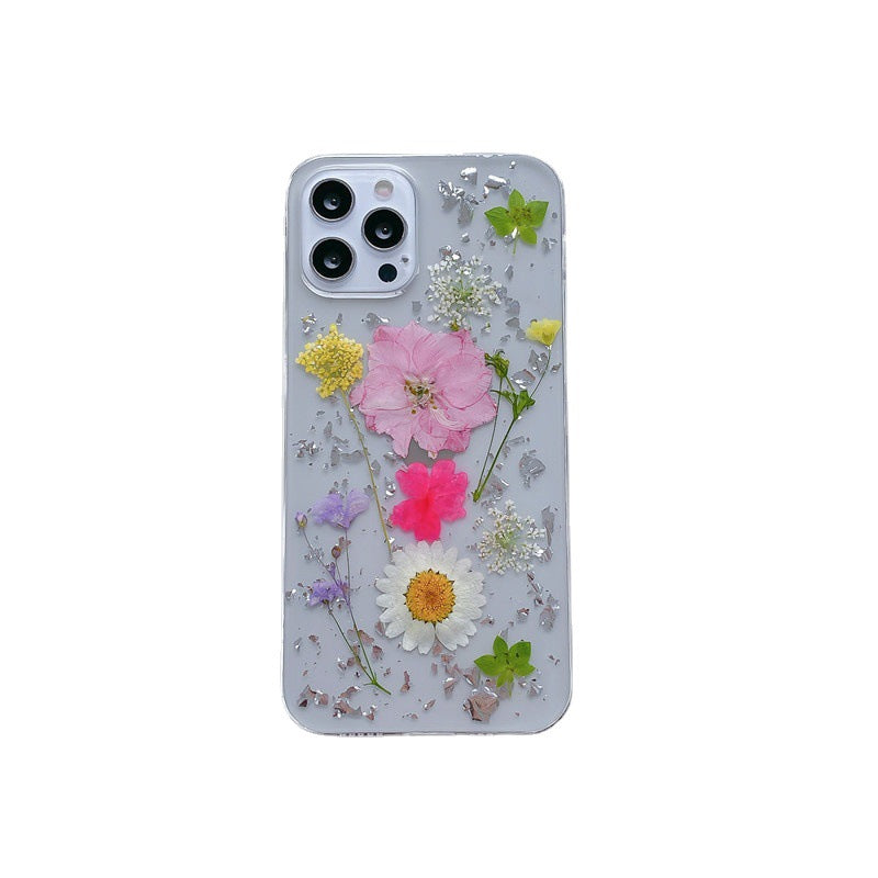 Transparent Epoxy Phone Case With Silver Foil Dried Flowers