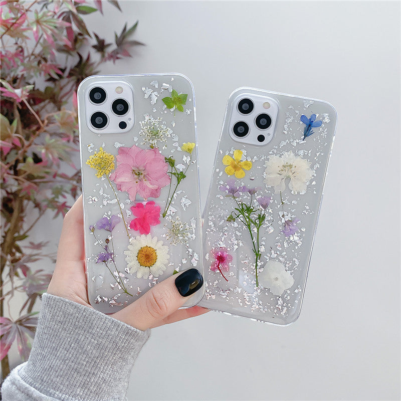 Transparent Epoxy Phone Case With Silver Foil Dried Flowers