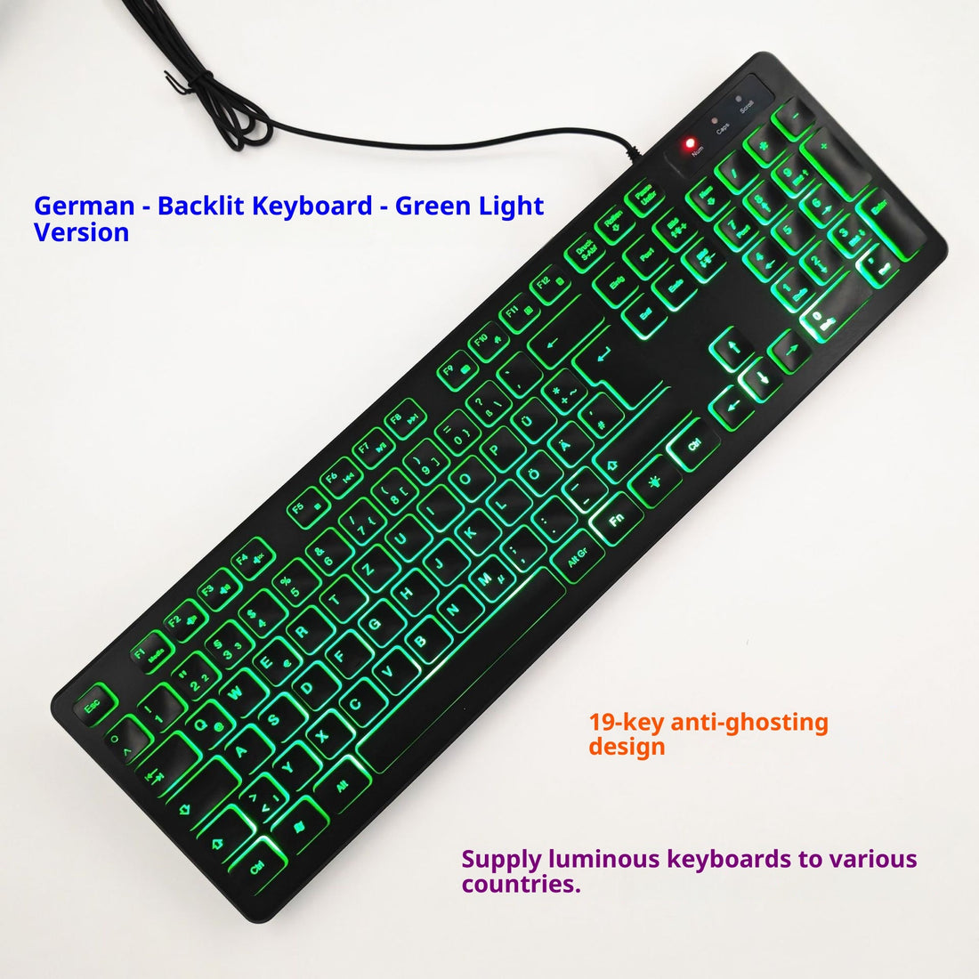 USB Wired Illuminant Keyboard Russian French Spanish Arabic Italian German Danish