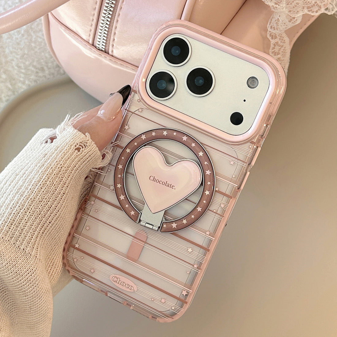 Magnetic Phone Holder Compatible Pink Brown Striped Case