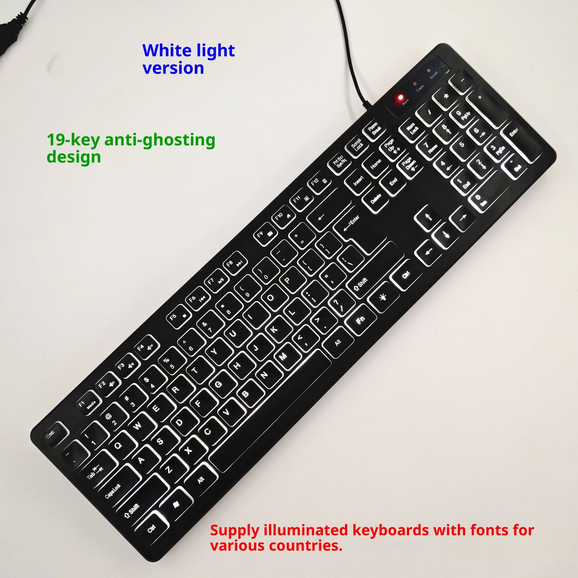 USB Wired Illuminant Keyboard Russian French Spanish Arabic Italian German Danish